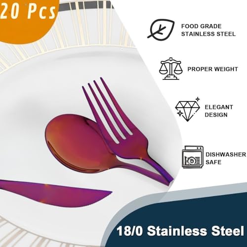 Image of 20 pcs Flatware Set, Pink Silverware Set for 5, Knife Fork Spoon, Stainless Steel Home Dinnerware Tableware,Mixed Cutlery Set Eating Utensils for Restaurants (20 Pcs Pink)