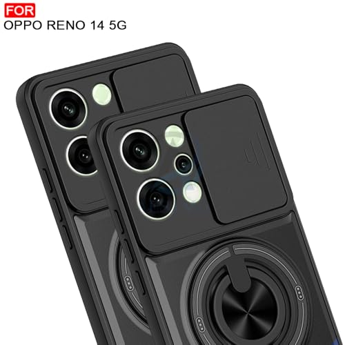Image of AESTMO Oppo Reno 14 5G Back Cover | Armor Camera Slider 360 Degree Rotating Finger Ring Holder Case with Bracket Stand Back Case Cover for Oppo Reno 14 5G (Compatible with MagSafe Accessories) (Black)