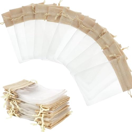 FANXIYA 40 Bolsas de Regalo con Cordón, Bolsitas de Yute y Organza 10x15 cm para Dulces, Joyas, Detalles de Boda, Cumpleaños, Navidad, Calendario de Adviento y Fiestas