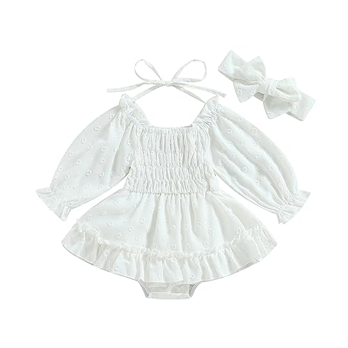 Image of Infant Baby Girls Romper Dress 3 6 9 12 18 Months Onesie Summer Clothes Ruched Jumpsuits Hem Bodysuits Headband (T White Dots, 3-6 Months)