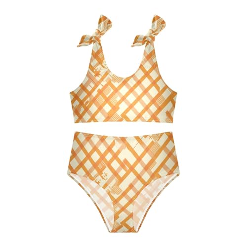 KLL Orange Gingham Girls' 2 Piece Bikini Sets Scoop Neck Beach Bathing Suit Swimsuit3