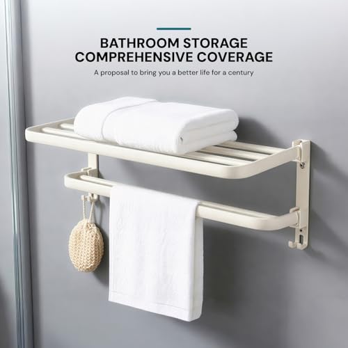 Image of MIORAH 24 Inch Powder - Coated Aluminium Towel Rack with Hooks - Rust - Free, Space - Saving Bathroom No Drill Self Adhesive Towel Rack Easy Installation White