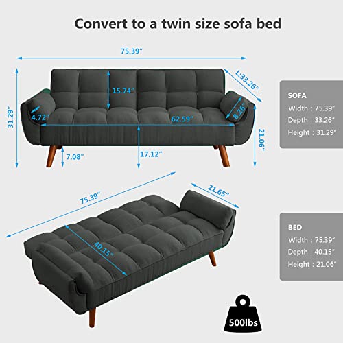 Betoko Convertible Futon Sofa Bed Sleeper Twin Size, Modern Reclining Linen Split Back Sofa Couch With Pillow Top Arm For Compact Living Room,Apartment (Dark Grey) #TOP1