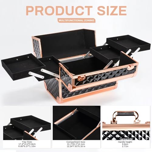 Image of Adson Professional Makeup Box Cosmetics Case Jewelry Organiser Vanity Make Up Storage Box Beauty Train Case Lockable with Keys (Metallic Rose Gold)