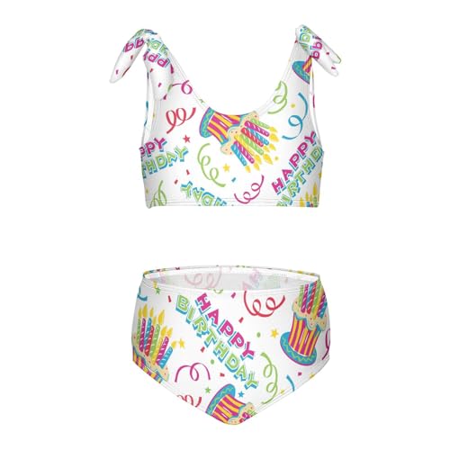 Girls Happy Birthday Colorful Cakes Swimsuit Two Pieces Bikini Set Bathing Suits Swimwear Crop Top Swimsuit Set,7-8T