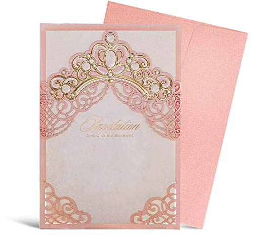 Hosmsua 50PCS Blank Pink Quinceanera Invitations Kit 5x7.3 Inch Laser Cut Floral Gold Crown Pocket Quinceanera Invitation Cards with Envelopes for Birthday Bridal Shower Invite by Hosmsua - Used condition - US$49.61
