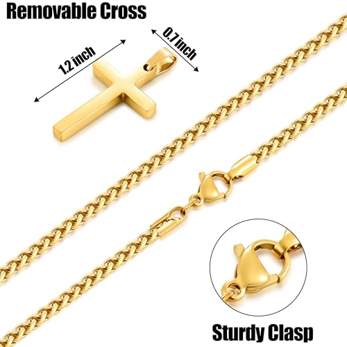 Fiusem Cross Necklace for Men, Silver Tone/Gold Plated/Black Mens Cross Necklaces with 2.5mm Chain, Stainless Steel Wheat Chain, 16-24 Inch4
