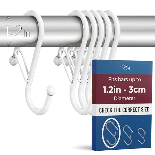 Blau Marité 6-Pack Metal S Hooks for Hanging – Heavy-Duty S-Shaped Hook with Safety Buckle – Fits Bars up to 1.2 in – Anti-Drop S-Hooks for Closet, Wardrobes & Storage – White (Large)
