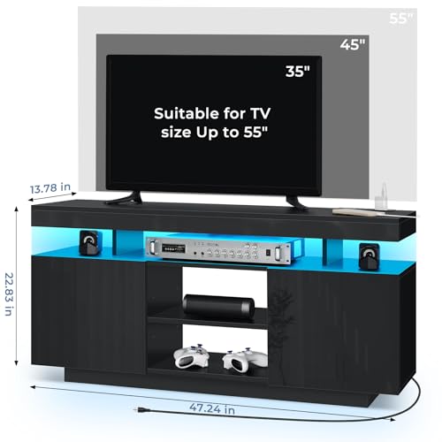 HOMMPA LED TV Stand for 55/50/43/40/32 inch TV Modern Entertainment Center with Power Outlets, Gaming TV Consoles with Storage Media Table with LED Lights Game Cabinet for Living Room Black - Image 5