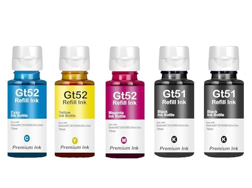 Image of ASV GT51 /GT52 Refill Ink Bottle Compatible for Ink Tank 115, 310, 315, 319, 410, 415, 416, 419, 455, 500, 515, 530, 615,GT 5810 /5811 /5820 (C /Y /M + 2 Black) (Black - 90ml, C /Y /M - 70ml Each)