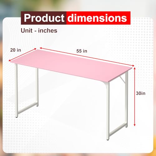 Image of PayLessHere | 55 Inch Computer Desk | Pink | Office Desk with Metal Frame, Adjustable Feet | Water-Resistant, Scratchproof Surface | Sturdy Writing Table for Home Office or Study | Pack of 1