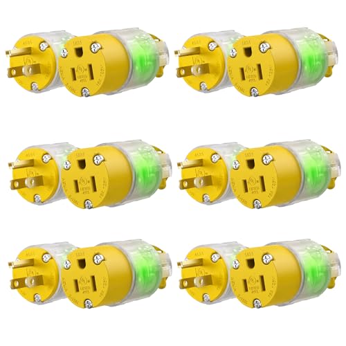 6 Sets Lighted Extension Cord Ends Replacement Plug 3 Prong 15A 125V NEMA 5-15P*NEMA 5-15R, Electrical Replacement Plug, Male and Female Extension Cord Ends, 15 Amp Plug, UL Listed,Yellow