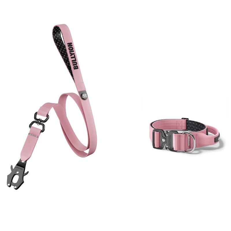 Bullyion ® Original Equipment All Action Swivel Lead 1.4 m & Heavy Duty Tactical Dog Collar with Handle - Softcell Padding – Lockforce Buckles (COTTAGE PINK - WIDTH 5 cm - SIZE LARGE)
