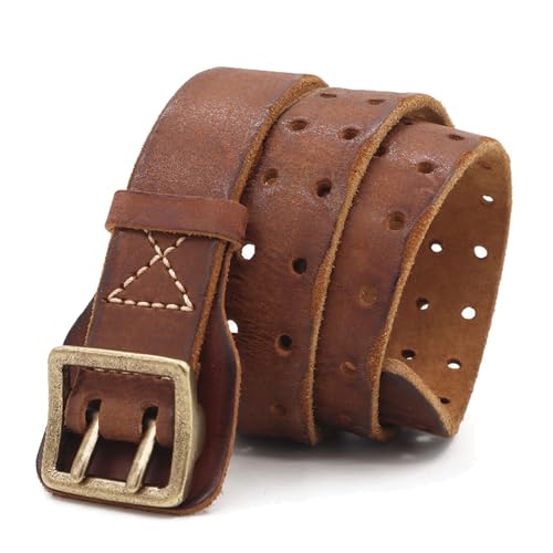 Karoukee Cinturón de Cuero Genuino Duradero para Hombre, Cinturón Vintage con Hebilla de Latón, Cinturón Casual de Doble Pechera Presentado en Caja de Regalo, Ancho 3.8 CM