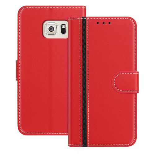 Mo-Beauty Funda para Samsung Galaxy S6 Edge, Carcasa de Cuero PU [magnético][Ranura Tarjeta] [3 Ranuras] Flip Antigolpes Protectora Funda Piel para Samsung S6 Edge (Rojo)