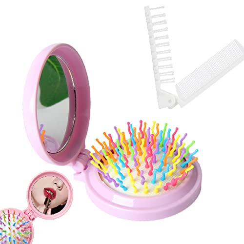 Cepillo Pelo Plegable con Espejo,Peine Redondo Mini,Cepillos Plegables de Pelo de Viaje,Peine Pequeño Redondo Desenredante de Bolsillo,con plegable cepillo de pelo,para Desenredar Tipo de Cabello
