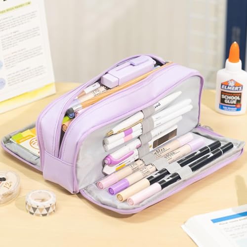 Image of Canvas School Bag Pencil Case, 3 Layer 6 Compartment Large Capacity, Aesthetic Pencil Pouch for Stationary, Cute Stationery for Kids, Pencil Case for Girls & Boys (Special Purple)
