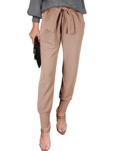 LYHNMW Womens Casual Solid High Waisted Pants Tie Front Pants Bottoms Skinny Pants with Pockets Light Khaki