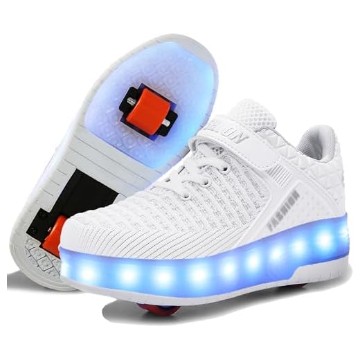 Ufatansy LED Shoes USB Charging Flashing Roller Sneakers Light Up Skates Shoes Sneakers with Wheels Kids Girls Boys (4.5 M US =CN37, Double Wheels, White)