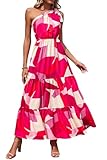 Picture of PRETTYGARDEN Women's Summer Floral Maxi Dress Knot One Shoulder Sleeveless Ruffle Flowy Boho Beach Wedding Guest Dresses (Red White Block,Medium)