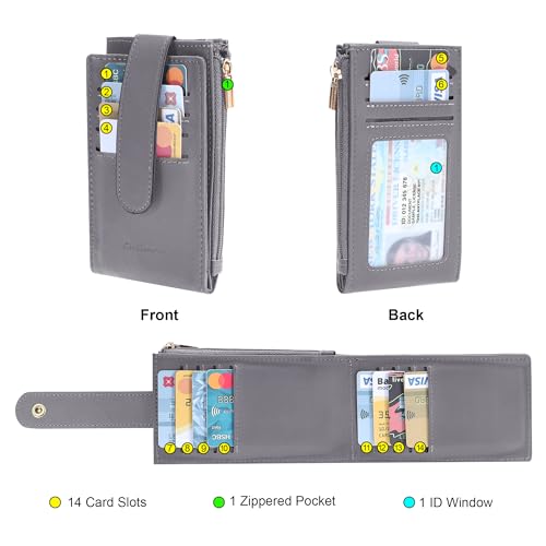 Image of Chelmon Women's RFID Slim Card Holder Wallet | Thin Bifold Multi Card Case with Zipper Coin Pocket Purse for Women(Light Grey Smooth)