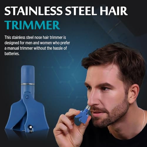 Image of Stainless Steel Hair Trimmer for Men and Women | Manual Nose and Ear Hair Trimmer | Nose Clippers, 360 Rotating Hair Trimmers | Washable Nose Hair Remover | Blue