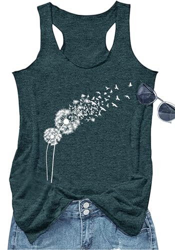 Womens Dandelion Graphic Tank Tops Teen Girls Loose Tanks Vest Cute Floral Vintage Clothes Casual Racerback Tank Cami (Dark Green1 M)