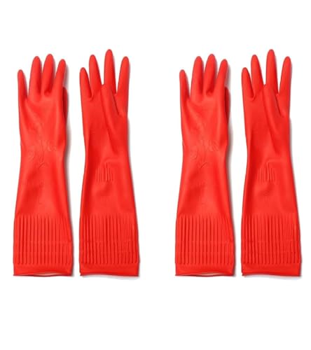 Sleek Style® 2 Pairs Household Rubber Gloves with Extra Long Cuffs Red Dishwashing Gloves Non-Slip and Waterproof Cleaning Gloves for Kitchen 38cm (2 Pairs Red)