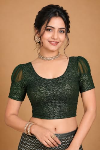 Image of SFT Women's Organza Patch Readymade Saree Blouse with Round Neck Half Sleeves Abstract Pattern Pull On Closure Regular Fit and Standard Length