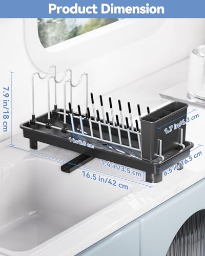 LIONONLY Small Dish Drainer with Drip Tray,Compact Dish Drying Rack for Kitchen Counter,Stainless Steel Sink Drainer with Utensil Holder,Swivel Drainage Spout,Space Saving Plate Rack - Image 3