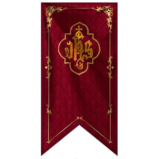 Gallardete Religioso JHS - Colgadura Burdeos 70x150 cm con Impresión Dorada | Decoración para Balcones en Semana Santa, Procesiones y Celebraciones Religiosas | Ya disponible en tu tienda friki favorita! En mundofriki.es!