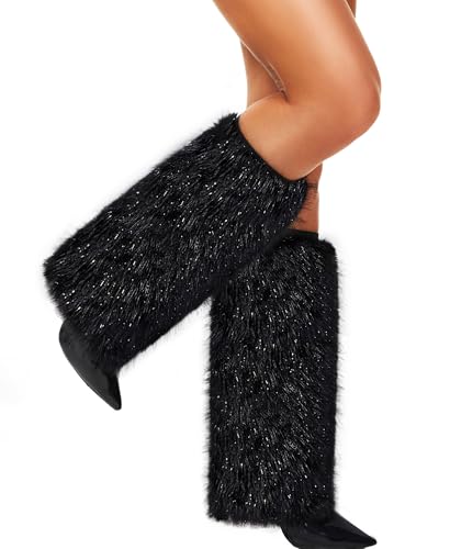 RSLOVE Womens Furry Leg Warmers - Faux Fur Fluffy Boot Covers with Satin Lining for Halloween Christmas Rave Festival Outfit One Size Plus Black