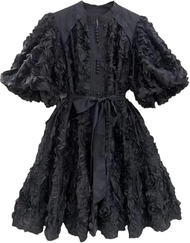 Elegant Bubble Sleeve Prom Dress with 3D Floral Appliques Women's Luxury Evening Gown Holiday Party Formal Maxi Dress