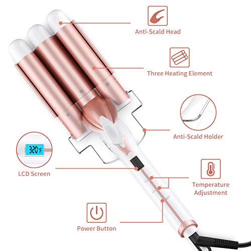 Foto von Lockenstab 3 Fässer, Ohuhu Welleneisen für Haare Lockenstab mit 3 Stäben, Schnelle Heizung, LCD Anzeige Einstellbare Temperatur, mit Hitzeschutz für Lange/Kurze Haare