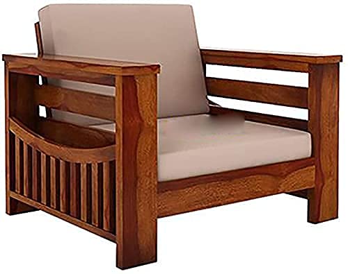 Image of Mamta Furniture Wooden 5 Seater Sofa Set Home Living Room |Solid Wood Sofa Set 3+1+1 | Sheesham Wood Furniture Sofa Set | Without Pillow | 40 Density Cream Cushions| Honey Finish