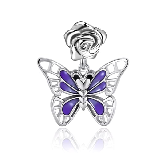 NanMuc Enamel Blue Butterfly Charm for Pandora Bracelet Rose Flower Dangle Bead for Women Necklace