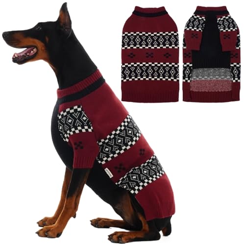 IECOii XXL Dog Sweater for Large Dogs Boy, Pitbull Sweater for Dogs Boy with Sleeve, Warm Male Fall Knitwear Mid Neck Pullover,Cozy & Elastic Dog Winter Sweaters for Cold Days, DarkRed, 2XL