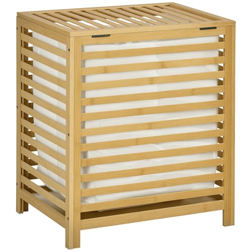 HOMCOM Panier à linge sale en bambou avec sac en polyester et coton amovible et couvercle - dim. 50L x 36l x 60H bois naturel