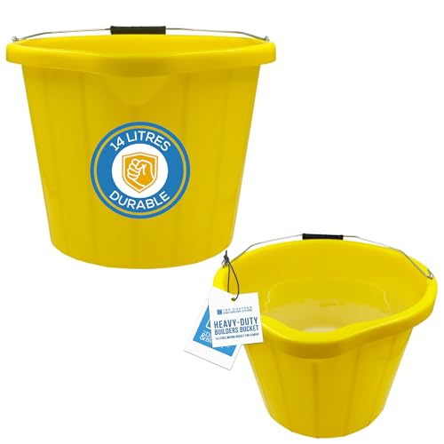 Heavy Duty Yellow Builders Bucket 14 Litre - 3 Gallon Capacity Plastic Buckets with Built-In Spout, Durable Car Wash Bucket, Multifunctional with Metal Handle, Perfect for Commercial Use (PACK OF 1)