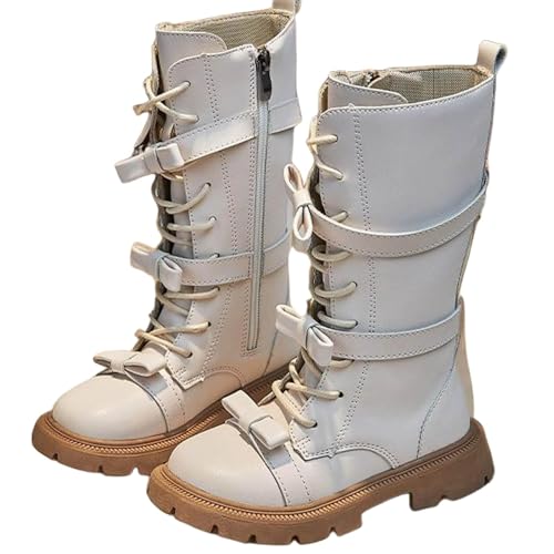 Girls High Top Faux Leather Boots Bowknot Side Zipper Lace-up Long Boots Fashion Chunky Heel Knee High Combat Shoes