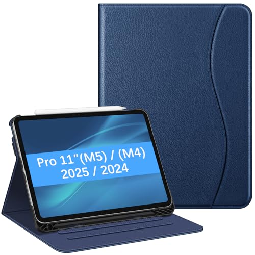 FINTIE Custodia per iPad Pro 11 Pollici (M5 2025 / M4 2024) con Portapenna, Multi-angli Slim Fit Folio Cover Case con Pocket e Auto Sveglia/Sonno, Blu Scuro