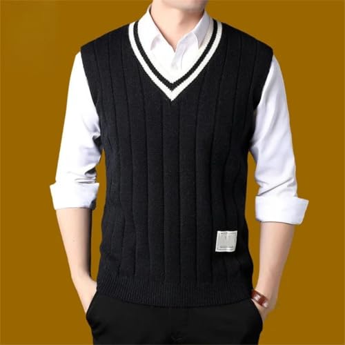 Men's Knit Sweater Sleeveless Striped Waistcoat Vest Beige Cable Knit Pullover3