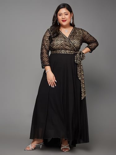 Image of Miss Chase A+ Women's Floral Printed Relaxed Fit V -Neck 3 /4Th Sleeve Georgette Maxi Dress