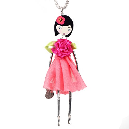 BONSNY Doll Necklace Handmade Pendant Dress Fabric Skirt with Zinc Alloy Body Girls Gift
