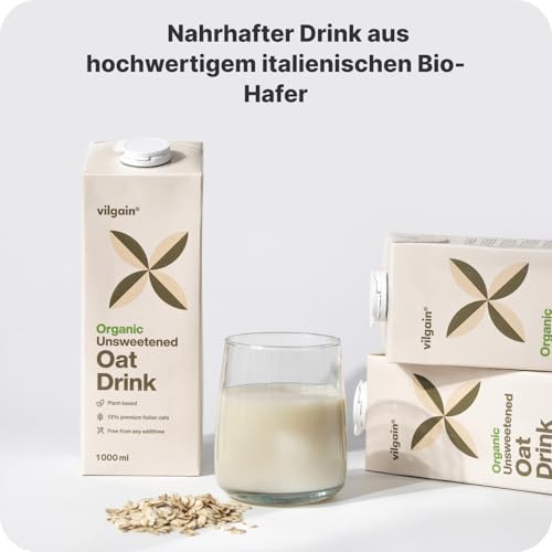 Vilgain Haferdrink BIO – Pflanzliches Getränk aus 13% italienischem Bio-Hafer, ohne Zusatzstoffe, vegan, laktosefrei, ideal für Cappuccino, Smoothies & Backen, 1000ml