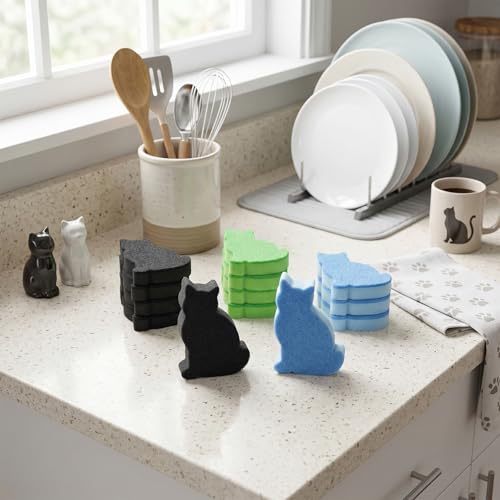 Image of Tioncy 12 Pack Cat Shaped Double Sided Sponge Scrubbers, Cute Cat Dish Sponges, Reusable Non Scratch Kitchen Cleaning Sponges for Dishes, Pots, Sink and Household Cleaning (Black Green Blue)