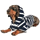 DJANGO Striped Dog Hoodie – Soft, Stretchy & Lightweight Dog Sweater with Hood, Harness Hole and Elastic Waistband – Cozy Hoodie for Dachshunds, Small and Medium Dogs, Puppies – Navy Blue, Small