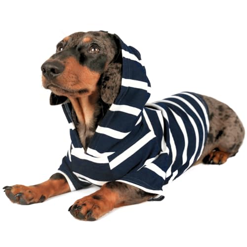 DJANGO Striped Dog Hoodie – Soft, Stretchy & Lightweight Dog Sweater with Hood, Harness Hole and Elastic Waistband – Cozy Hoodie for Dachshunds, Small and Medium Dogs, Puppies – Navy Blue, Small