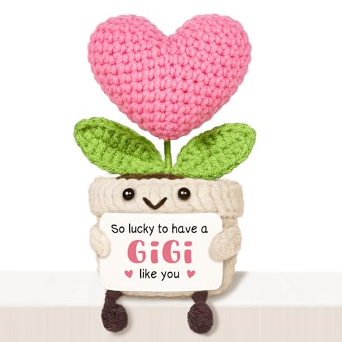 HeartGlint Gigi Gifts for Grandma, Mothers Day Birthday Gift for Gigi from Granddaughter Grandson, Mini Handmade Emotional Positive Crochet Pink Heart Flower