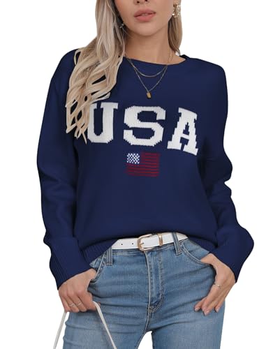 Image of Womens American Flag Sweater Crew Neck Casual Pullover Sweater